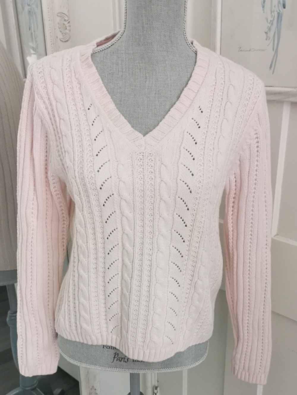 Vintage Womens NorthernReflections Petal Pink Preppy Cable Knit V-Neck Sweater M